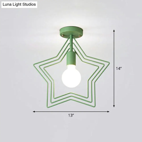 Retro Style Geometric Iron Semi Flush Mount Lighting For Corridor Green / Star