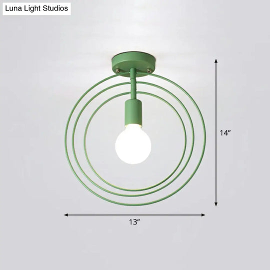 Retro Style Geometric Iron Semi Flush Mount Lighting For Corridor Green / Round