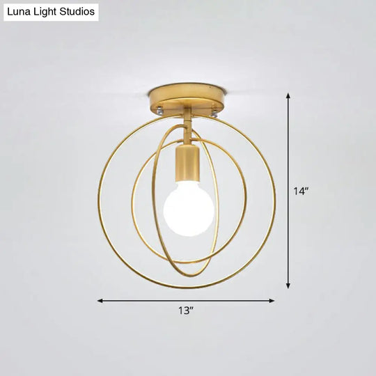 Retro Style Geometric Iron Semi Flush Mount Lighting For Corridor Gold / Round
