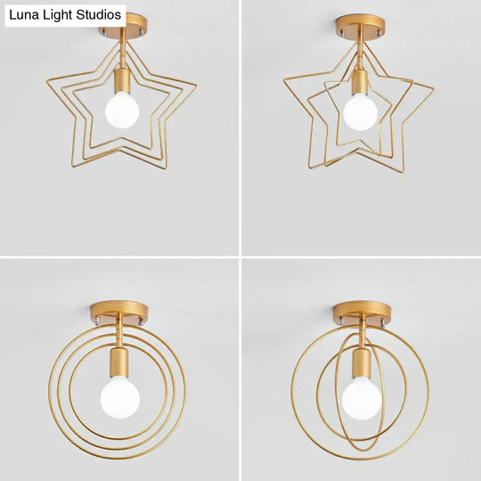 Retro Style Geometric Iron Semi Flush Mount Lighting For Corridor