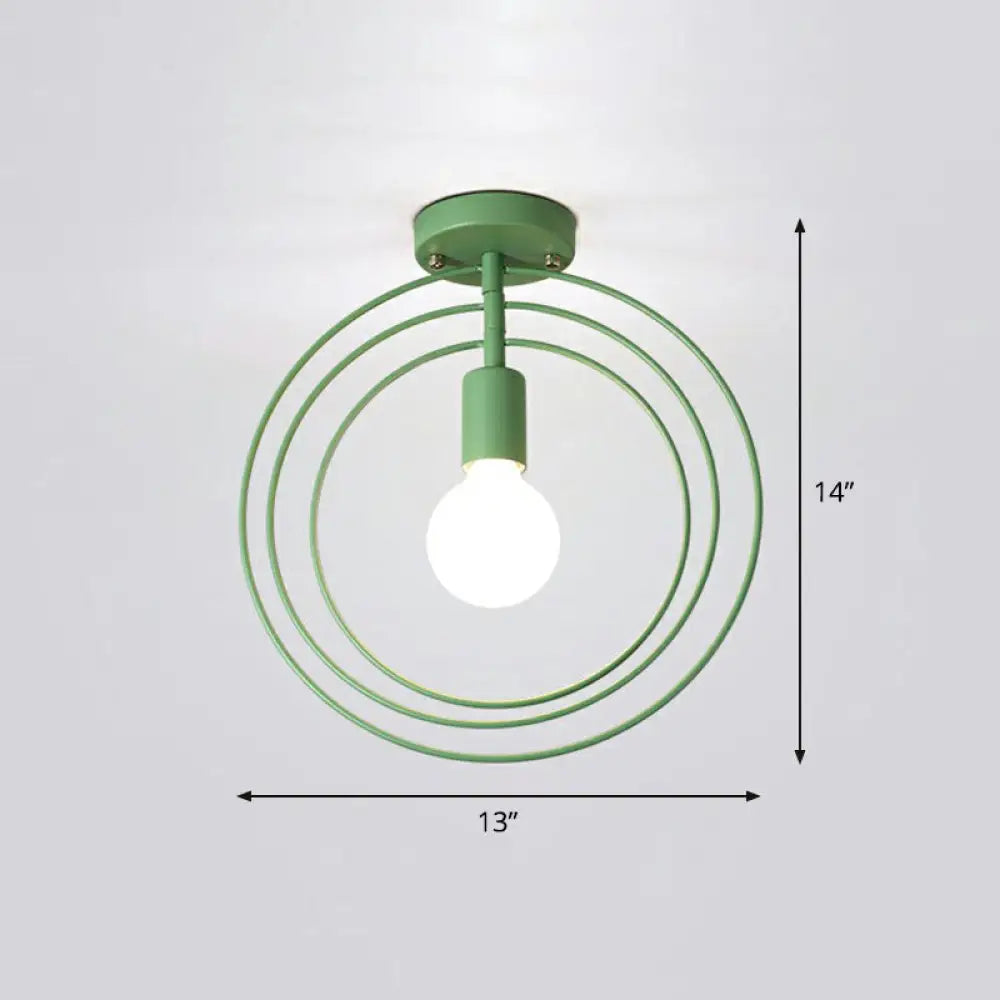 Retro Style Geometric Iron Semi Flush Mount Lighting For Corridor Green / Round