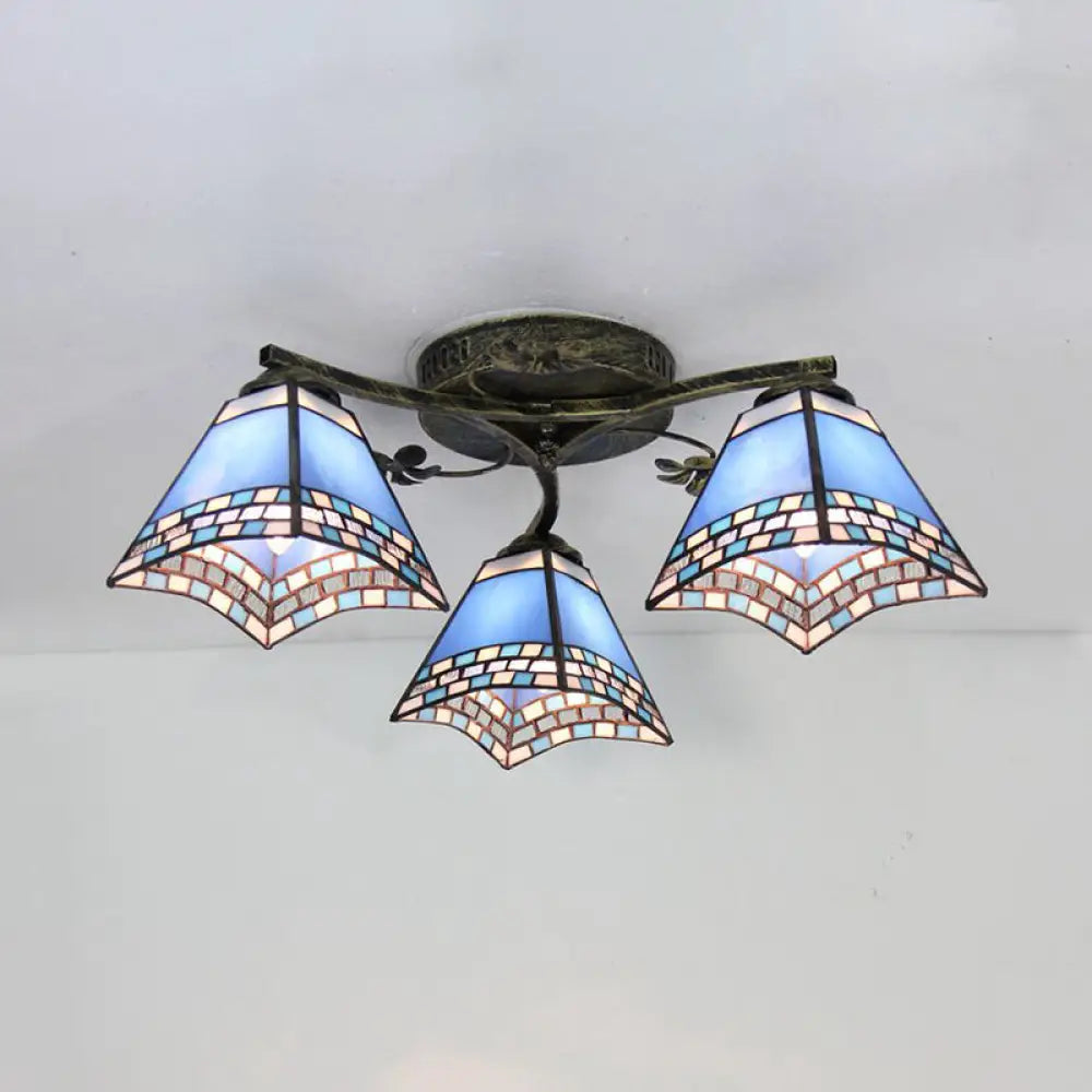 Retro Style Geometric Stained Glass Ceiling Light Fixture - 3 Lights With Wire Mesh And Elegant