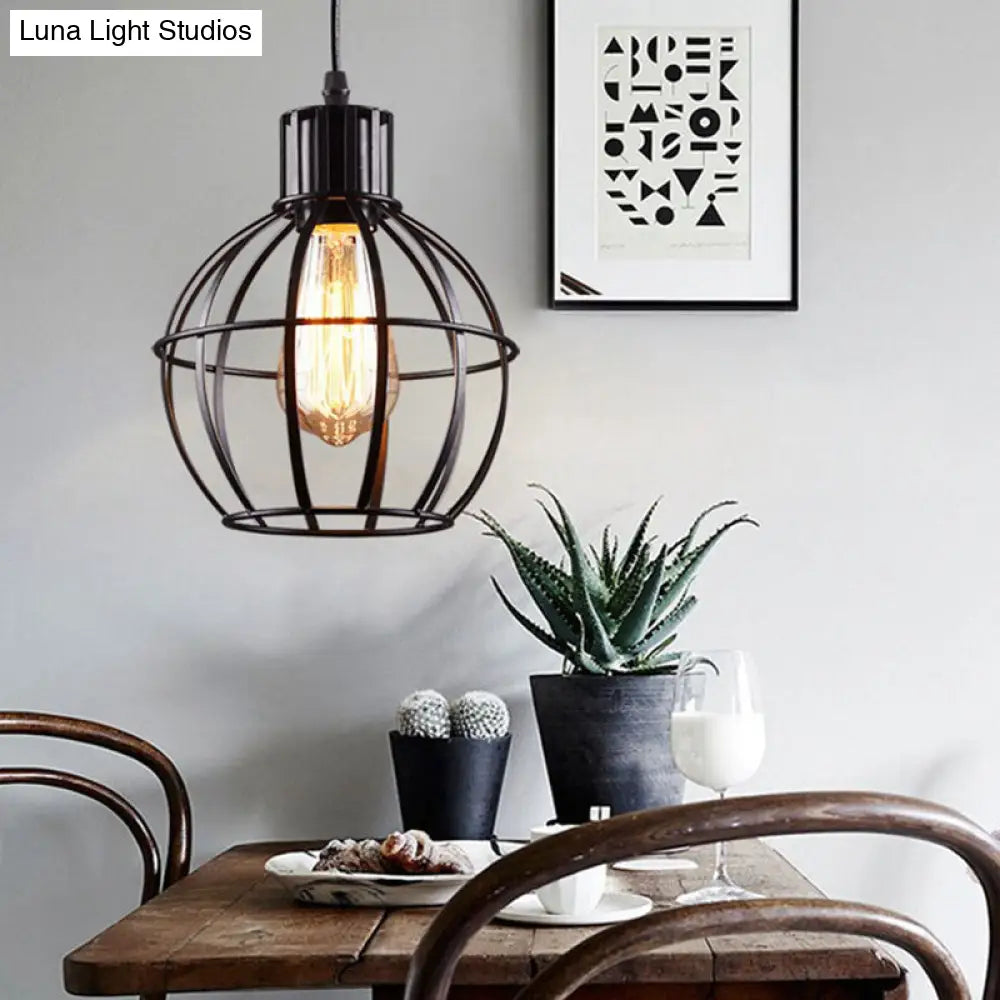 Retro-Style Black Pendant Lamp: 1-Light Global Cage Shade Metallic Ceiling Fixture For Restaurants