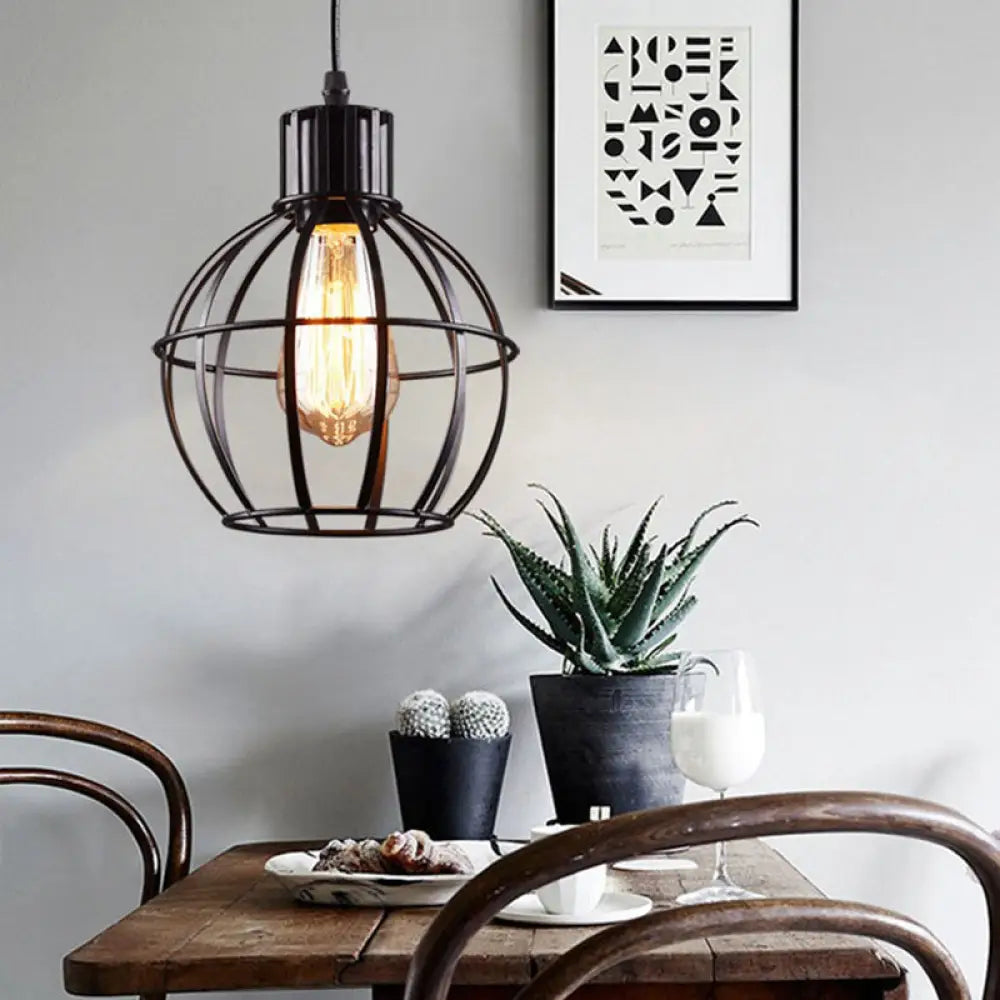 Retro Style Global Cage Pendant Lamp - Metallic Ceiling Fixture For Restaurant In Black