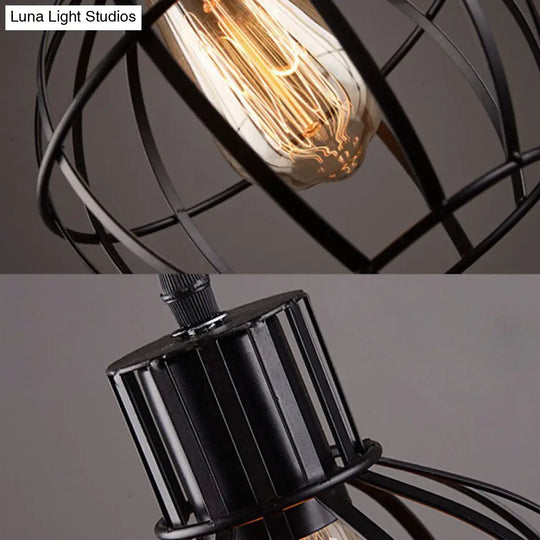 Retro Style Global Cage Pendant Lamp - Metallic Ceiling Fixture For Restaurant In Black