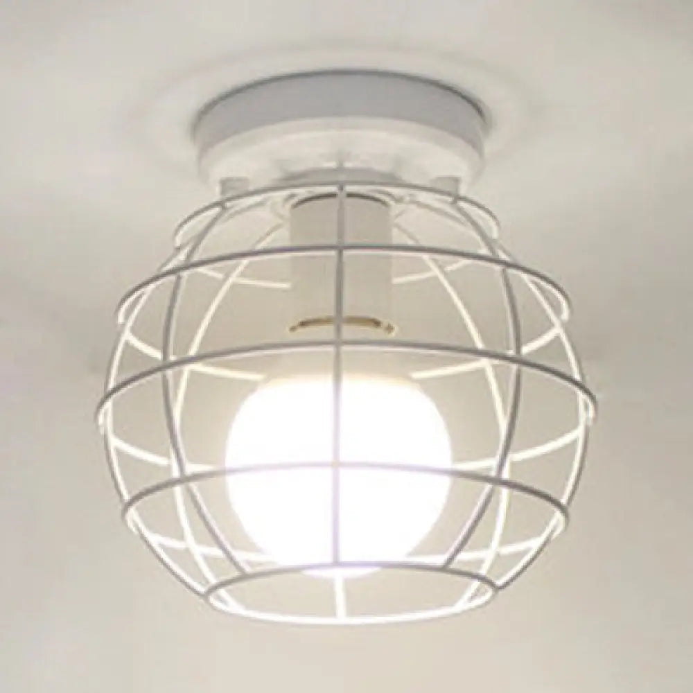 Retro-Style Globe Cage Metal Ceiling Light With 1 And Flush-Mount Design In Black/White White