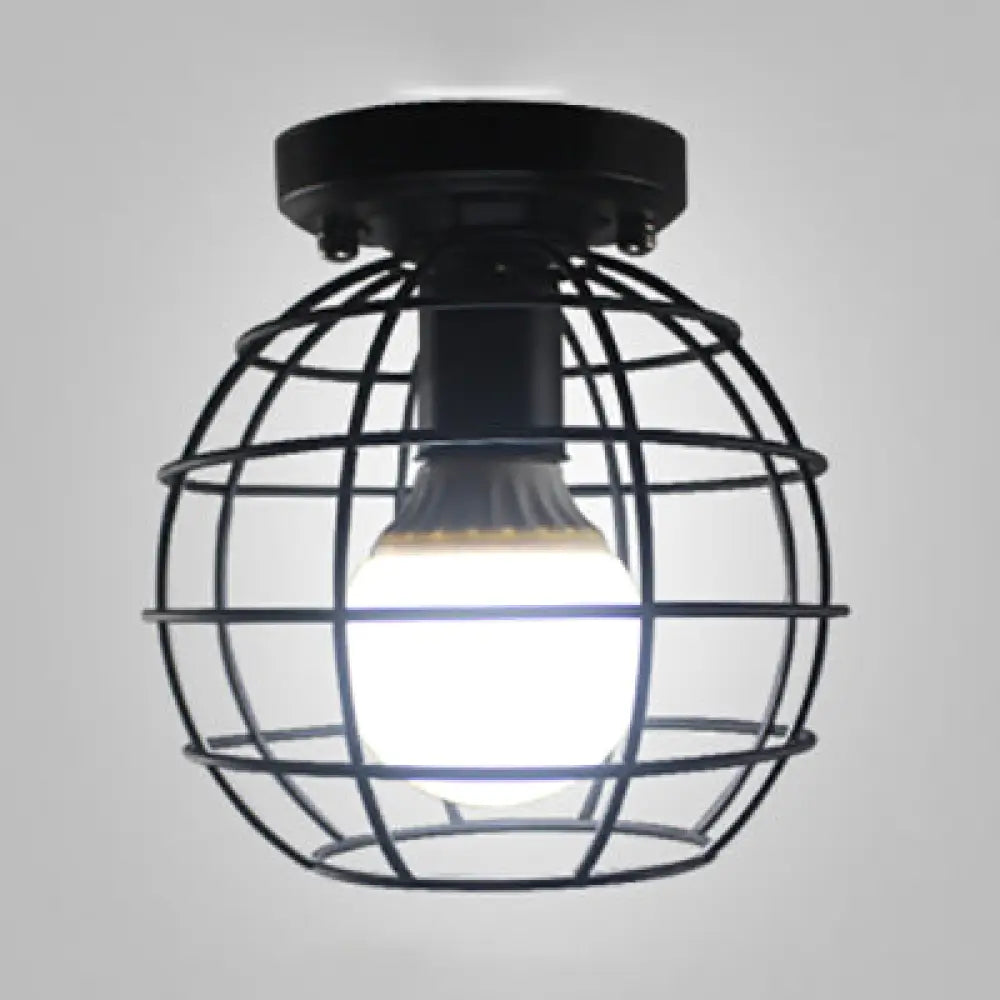 Retro-Style Globe Cage Metal Ceiling Light With 1 And Flush-Mount Design In Black/White Black