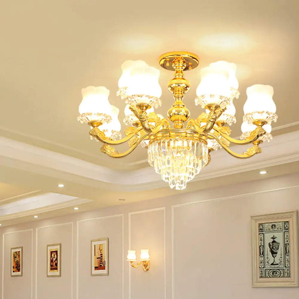 Retro Style Gold Chandelier With Cream Glass & Layered Crystal Accents - Bud Suspension Light 12 /