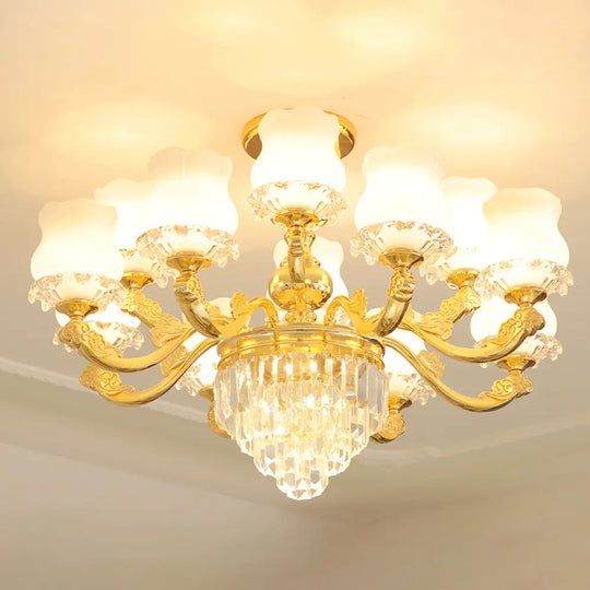 Retro Style Gold Chandelier With Cream Glass & Layered Crystal Accents - Bud Suspension Light 15 /