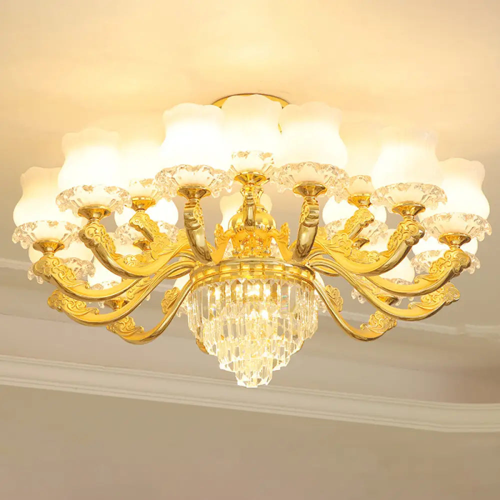 Retro Style Gold Chandelier With Cream Glass & Layered Crystal Accents - Bud Suspension Light 18 /