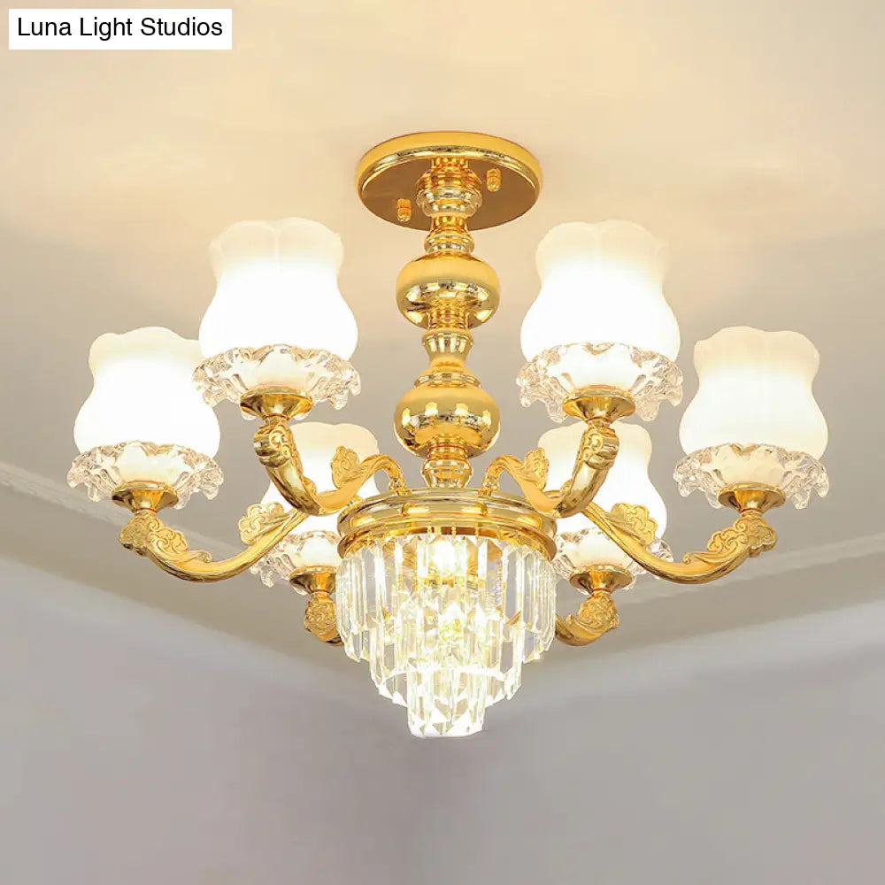 Retro Style Gold Chandelier With Cream Glass & Layered Crystal Accents - Bud Suspension Light