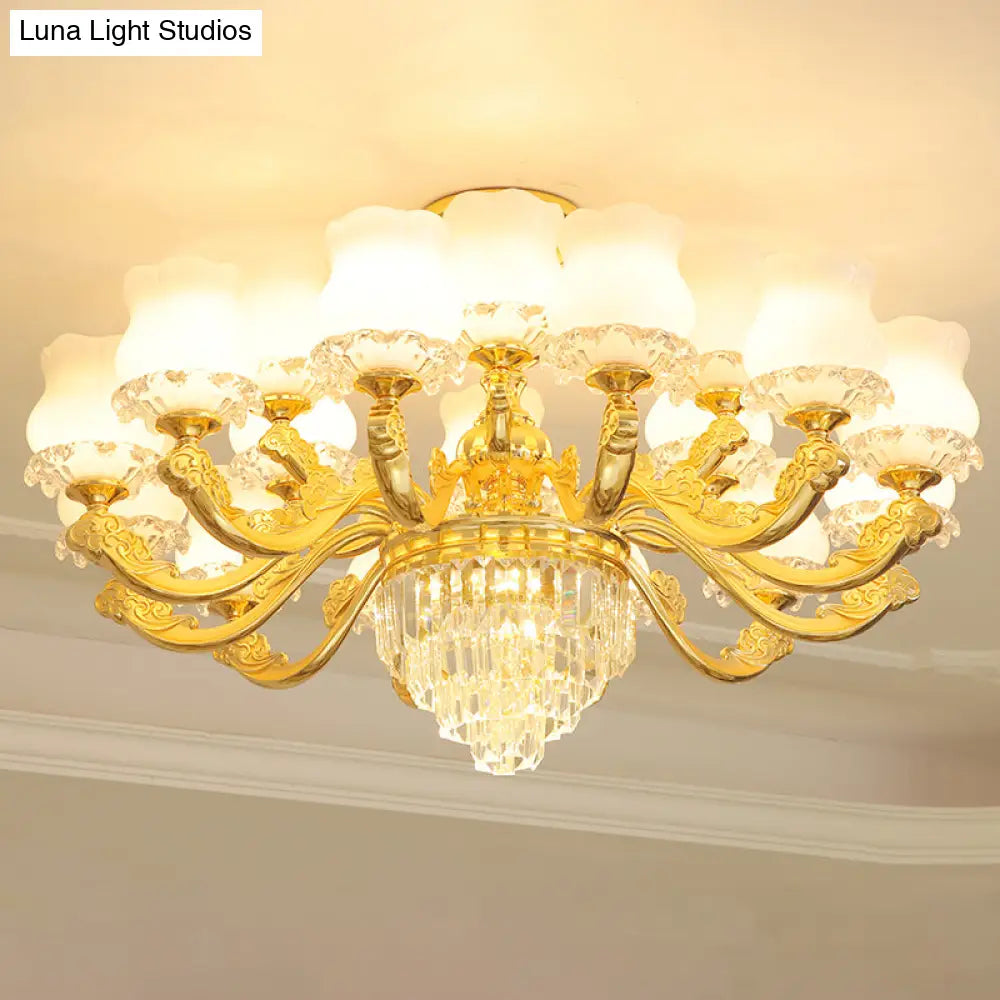 Retro Style Gold Chandelier With Cream Glass & Layered Crystal Accents - Bud Suspension Light