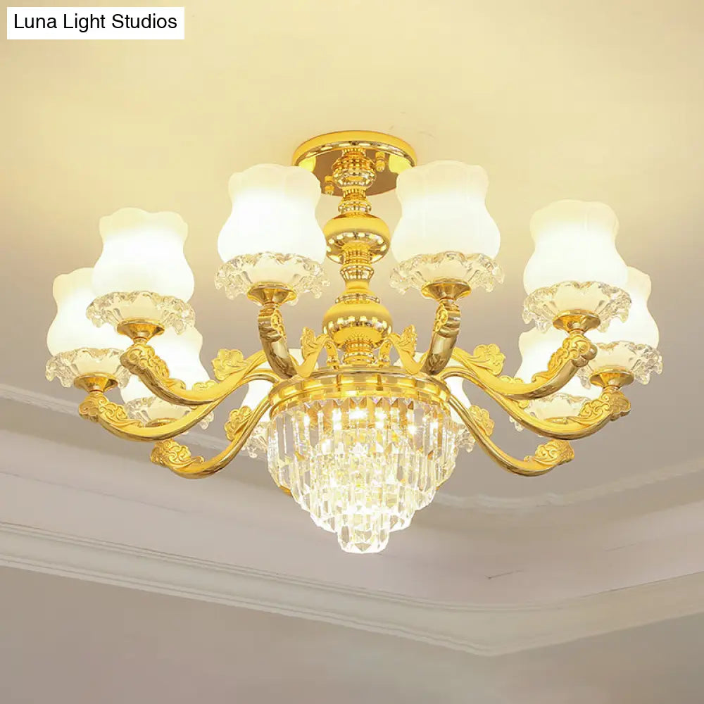 Retro Style Gold Chandelier With Cream Glass & Layered Crystal Accents - Bud Suspension Light