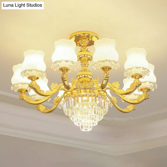 Retro Style Gold Chandelier With Cream Glass & Layered Crystal Accents - Bud Suspension Light