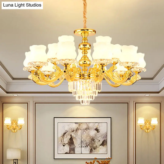 Retro Style Gold Chandelier With Cream Glass & Layered Crystal Accents - Bud Suspension Light