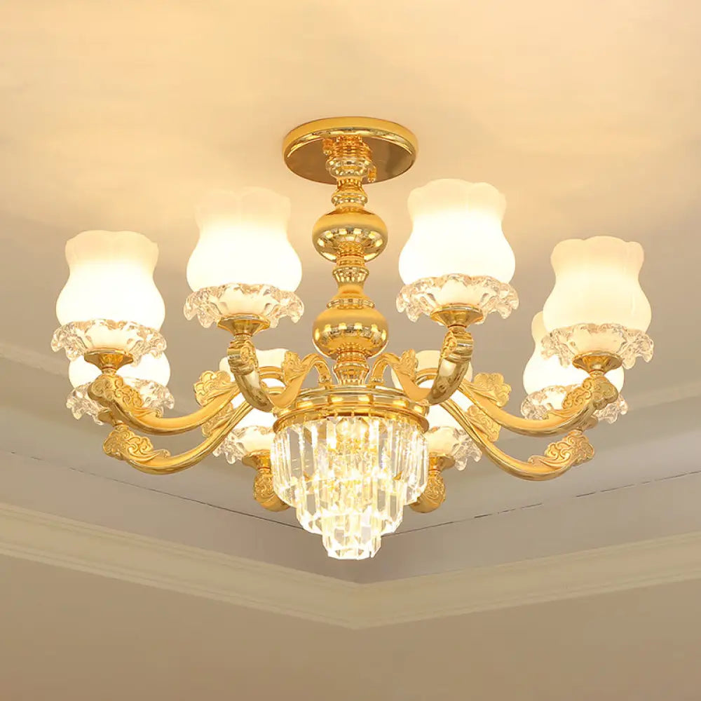 Retro Style Gold Chandelier With Cream Glass & Layered Crystal Accents - Bud Suspension Light 8 /