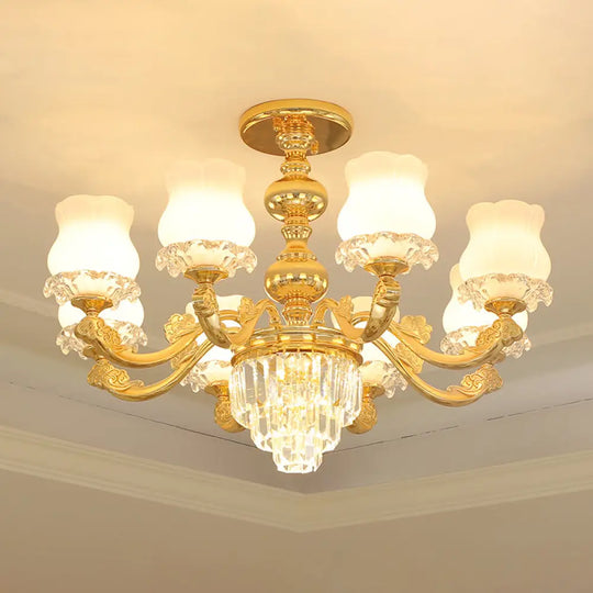 Retro Style Gold Chandelier With Cream Glass & Layered Crystal Accents - Bud Suspension Light 8 /