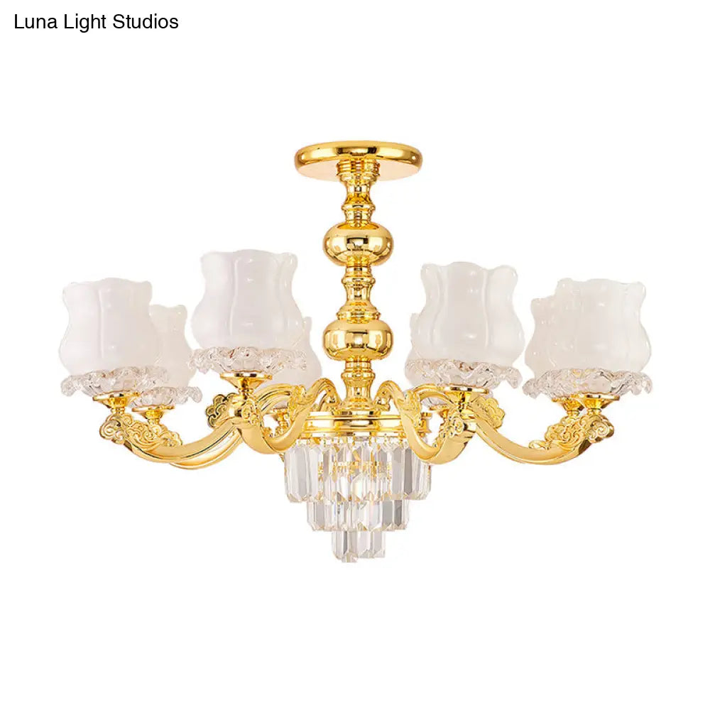 Retro Style Gold Chandelier With Cream Glass & Layered Crystal Accents - Bud Suspension Light