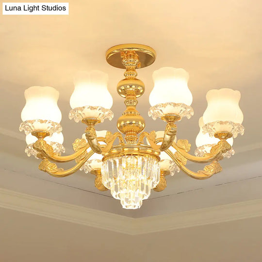 Retro Style Gold Chandelier With Cream Glass & Layered Crystal Accents - Bud Suspension Light