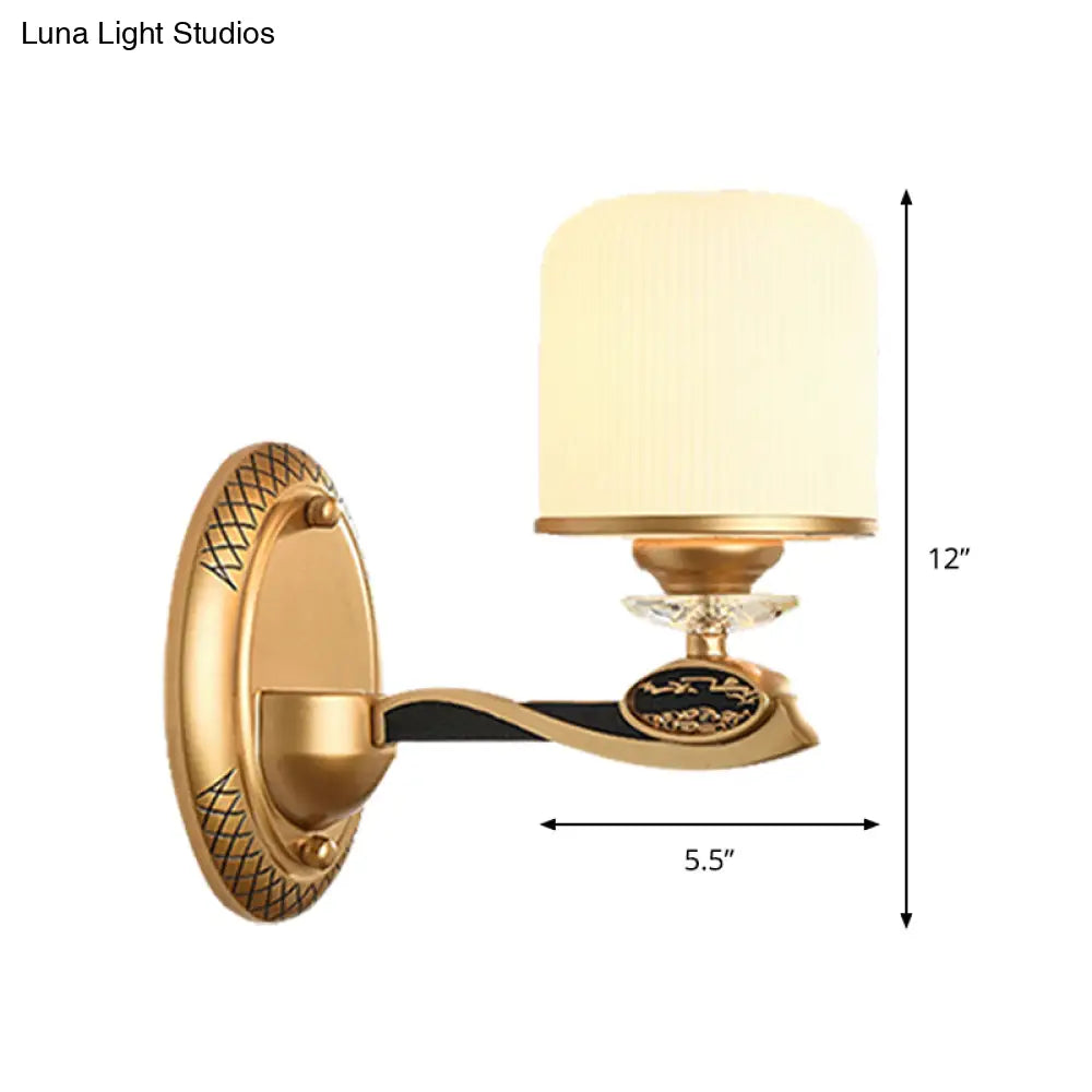 Retro Style Gold Cylinder Wall Sconce Light With Ribbed Glass - 1/2 Bulbs Bedside Lighting