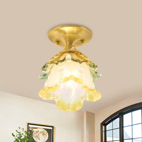 Retro Style Gold Ruffle Glass Ceiling Lamp - 1-Head Semi Flush Mount For Hallway