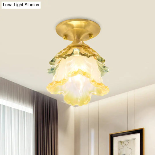 Retro Style Gold Ruffle Glass Ceiling Lamp - 1-Head Semi Flush Mount For Hallway