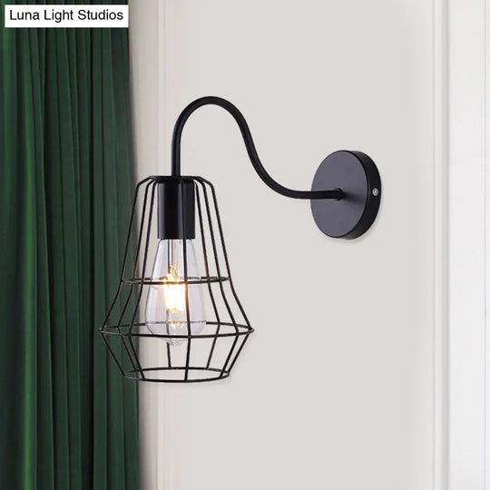 Retro Style Gooseneck Wall Sconce With Cage Shade In Black Finish For Living Room