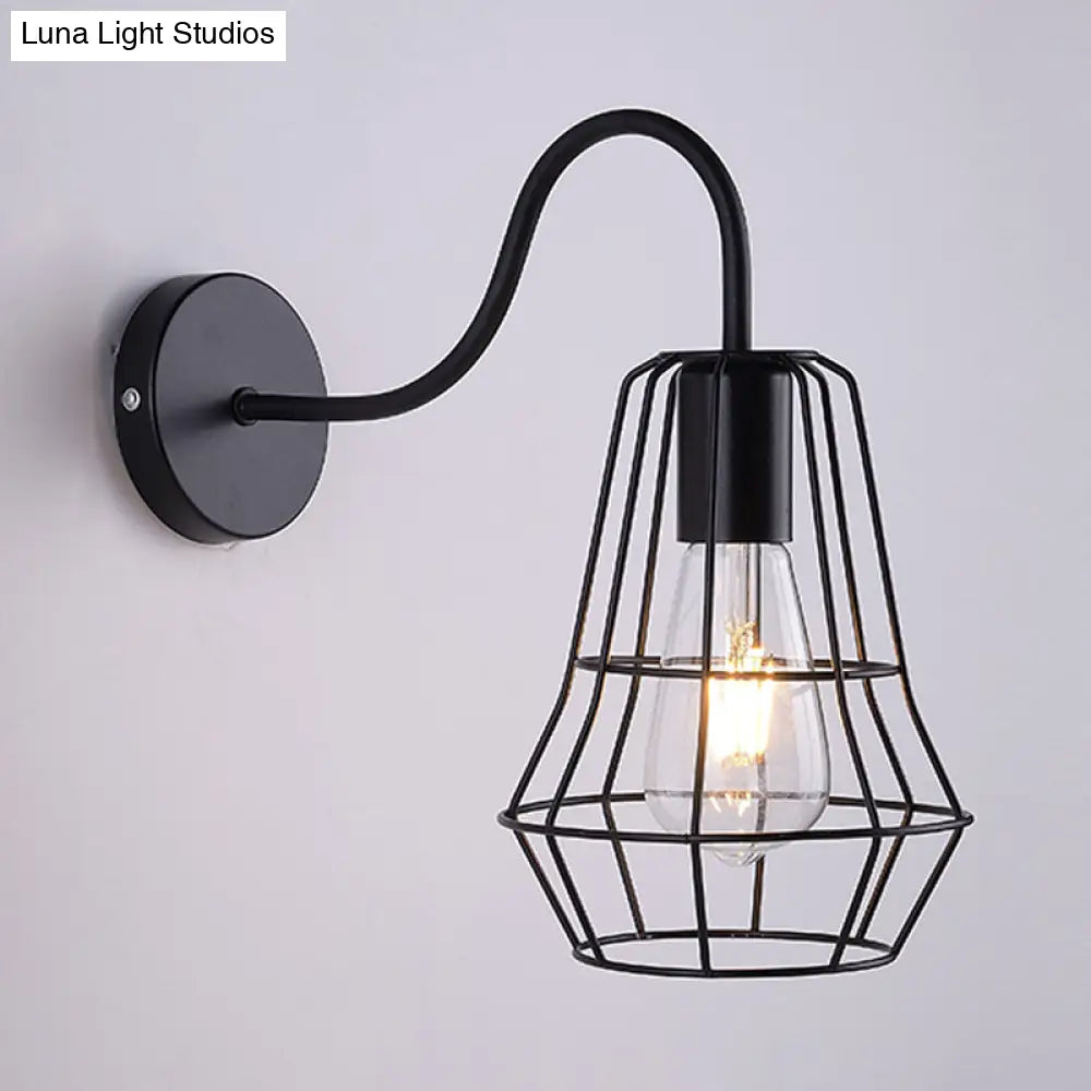 Retro Style Gooseneck Wall Sconce With Cage Shade In Black Finish For Living Room