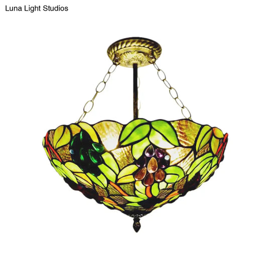 Retro-Style Green Stained Glass Semi-Flush Ceiling Light With 3 Lights