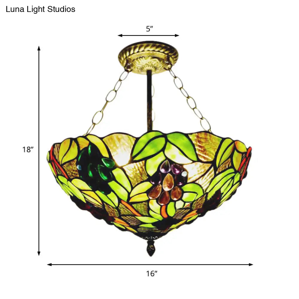 Retro Style Stained Glass Semi Flush Mount Ceiling Light Fixture - Green Bowl With 3 Lights