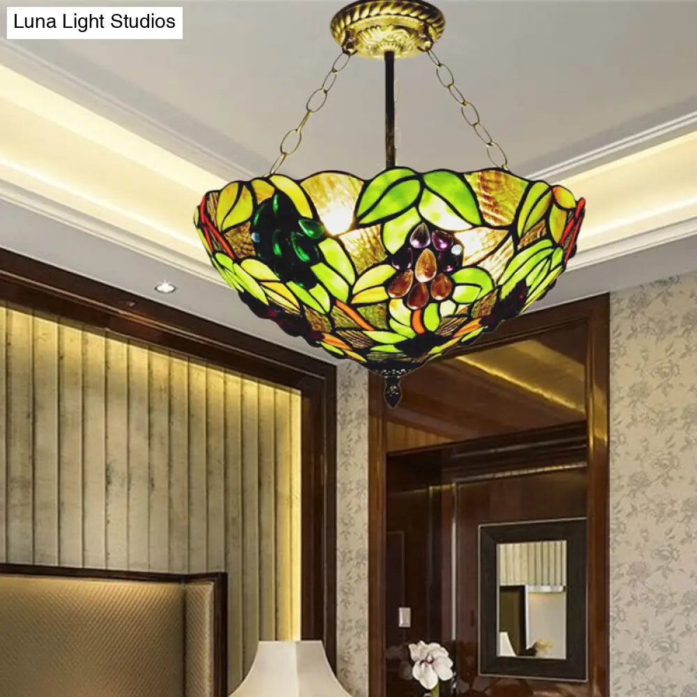 Retro Style Stained Glass Semi Flush Mount Ceiling Light Fixture - Green Bowl With 3 Lights