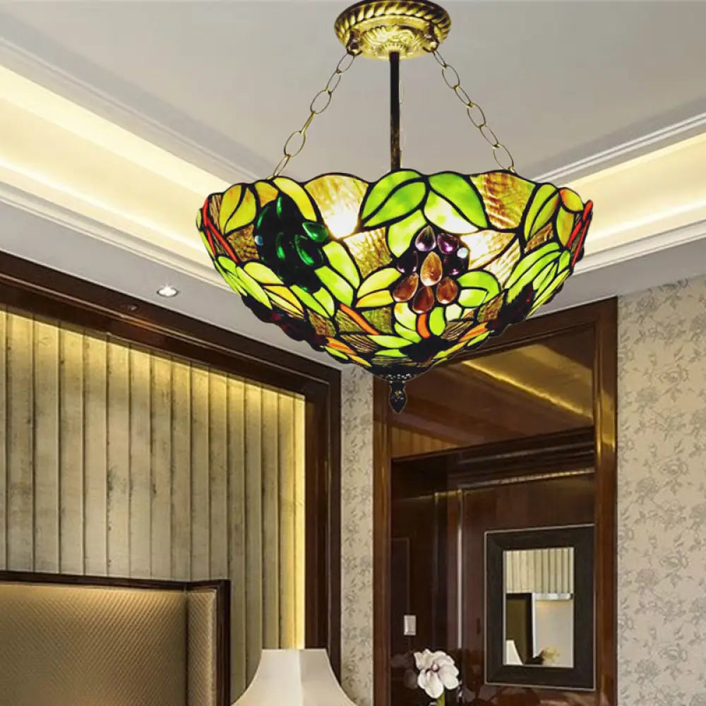 Retro-Style Green Stained Glass Semi-Flush Ceiling Light With 3 Lights