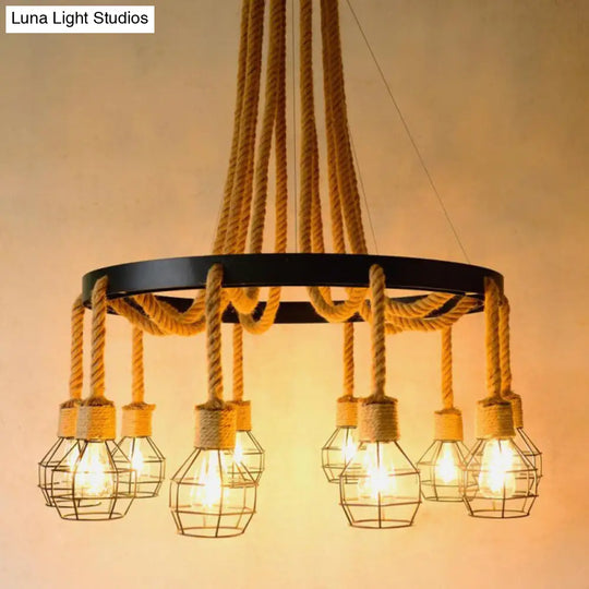 Retro-Style Metallic Ceiling Light With Hemp Rope For Restaurants - Black Grenade Chandelier 10 /