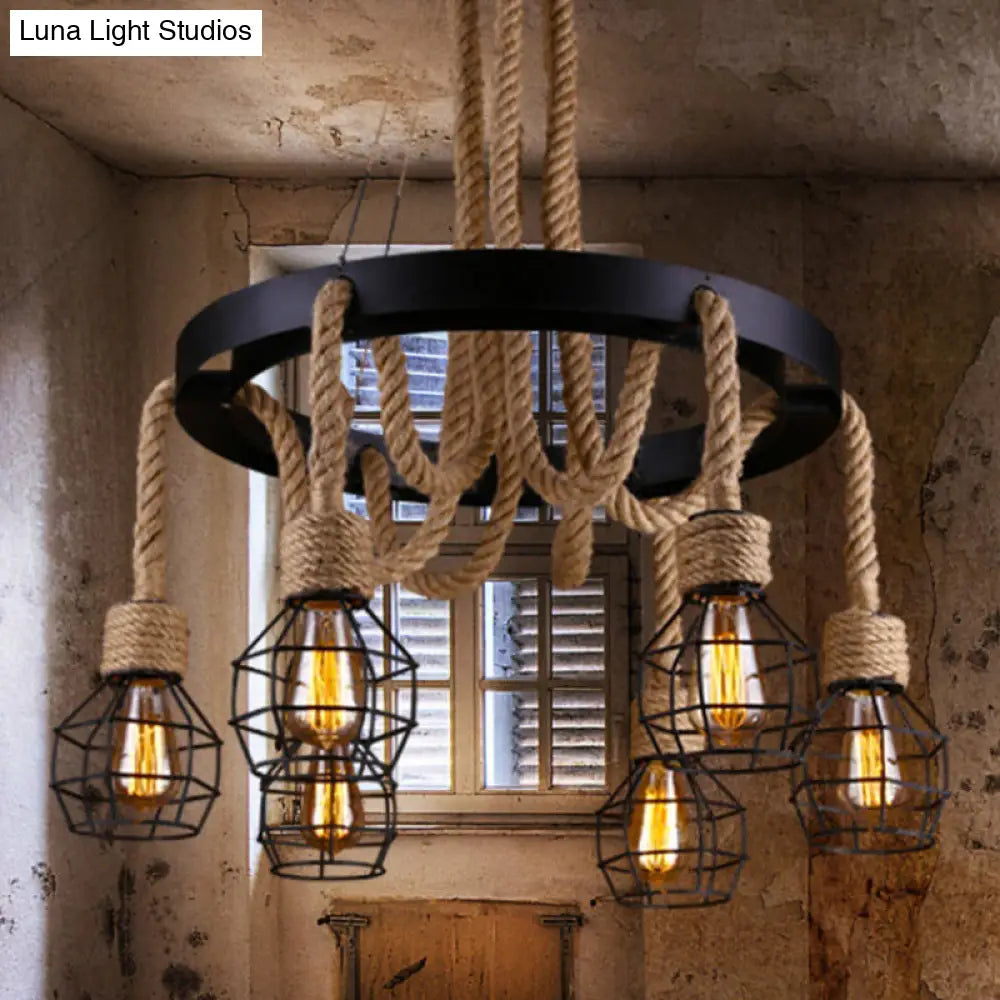 Retro-Style Metallic Ceiling Light With Hemp Rope For Restaurants - Black Grenade Chandelier 6 /