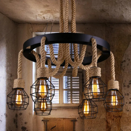 Retro-Style Grenade Ceiling Light With Black Hemp Rope For Restaurants 6 /