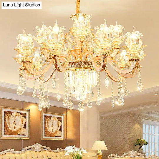 Retro Style Handblown Glass Flower Chandelier With Tiered Crystal Decor - Gold Suspension Light For