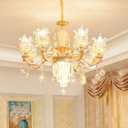 Retro Style Handblown Glass Flower Chandelier With Tiered Crystal Decor - Gold Suspension Light For