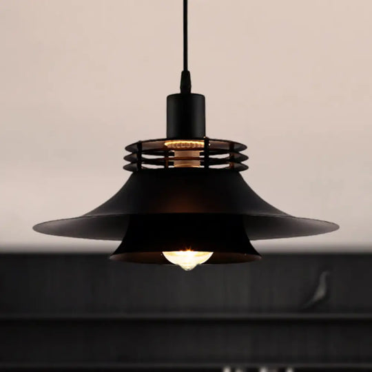 Retro Style Hanging Ceiling Light: 12.5’/14’ Wide 1 Bulb Flared Design Black Finish - Ideal For