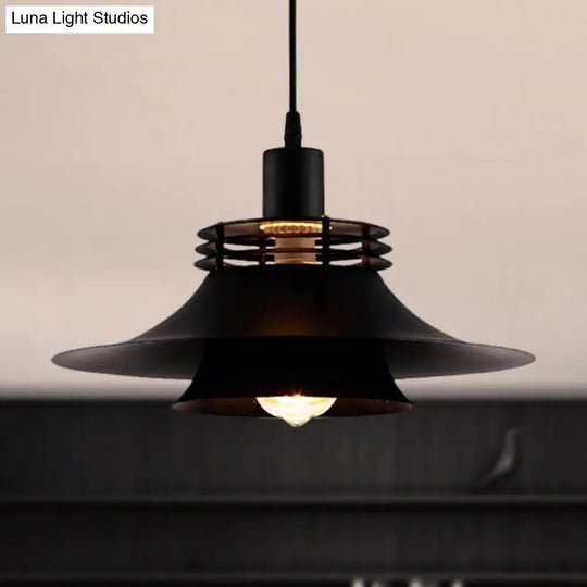 Retro Style Black Metal Pendant Lighting For Restaurant - 12.5/14 Wide 1 Bulb Flared Hanging Ceiling