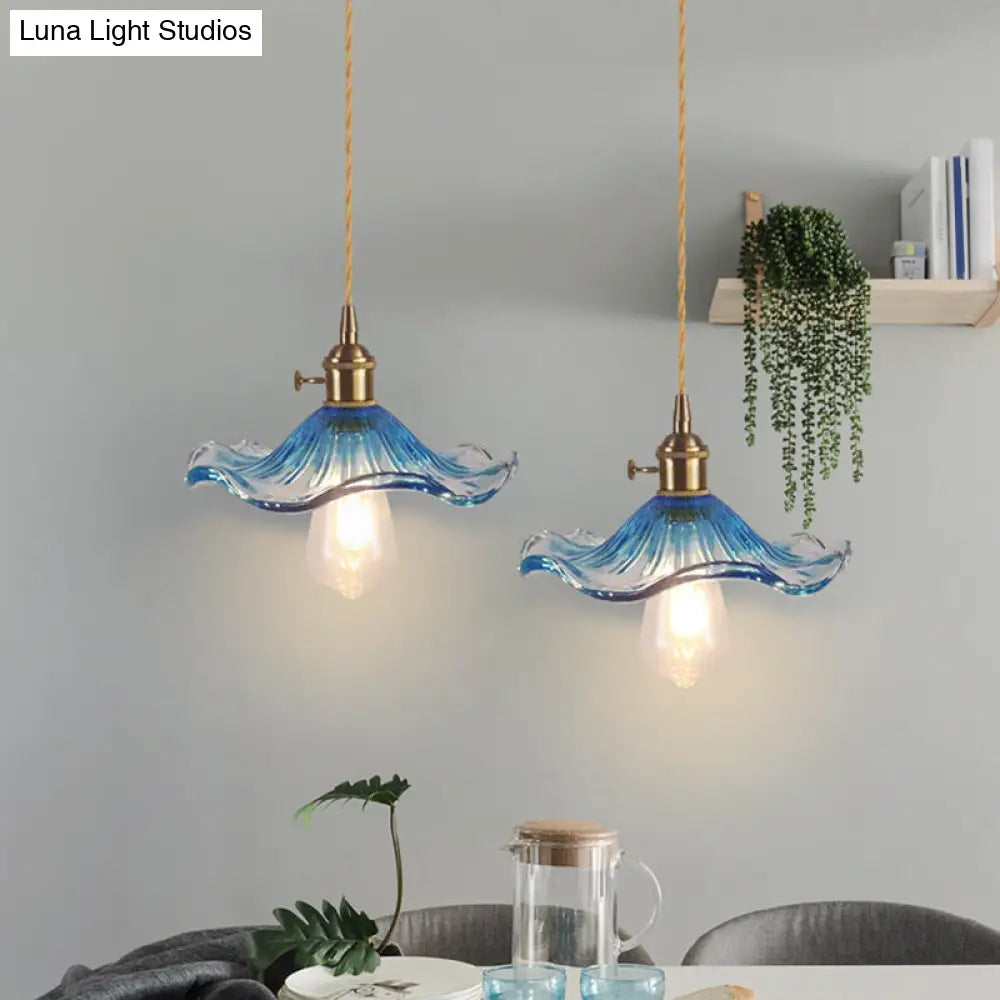 Floral Textured Glass Pendant Light - Retro Style Bulb Hanging Fixture For Dining Room Blue / A