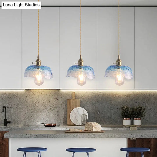 Floral Textured Glass Pendant Light - Retro Style Bulb Hanging Fixture For Dining Room Blue / C