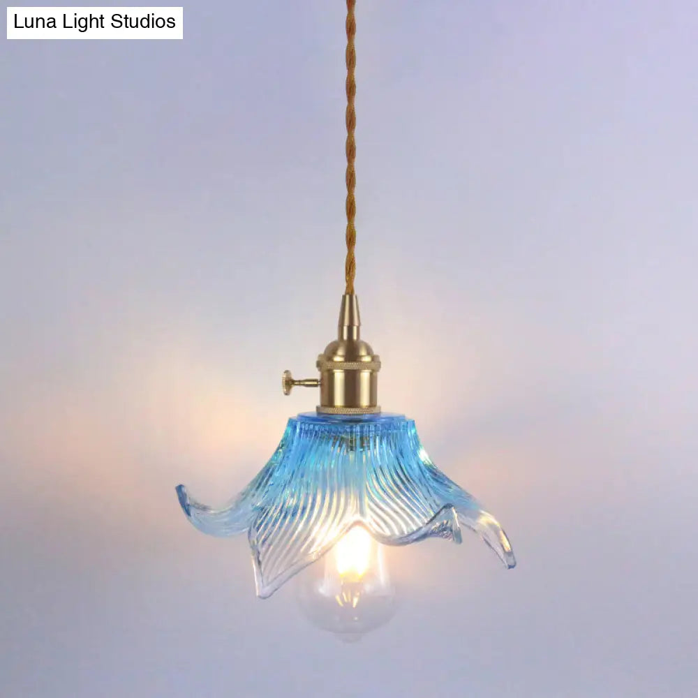 Floral Textured Glass Pendant Light - Retro Style Bulb Hanging Fixture For Dining Room Blue / D