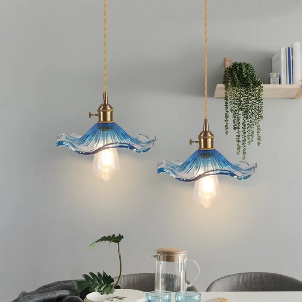 Retro Style Hanging Light With Floral Textured Glass Pendant - Perfect For Dining Room Blue / A