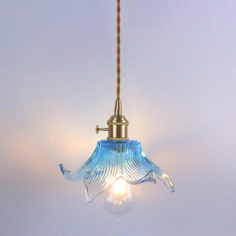Retro Style Hanging Light With Floral Textured Glass Pendant - Perfect For Dining Room Blue / D