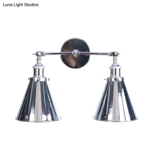 Retro-Style Iron 2-Light Polished Chrome Conic Wall Mount Fixture For Dining Room Lighting