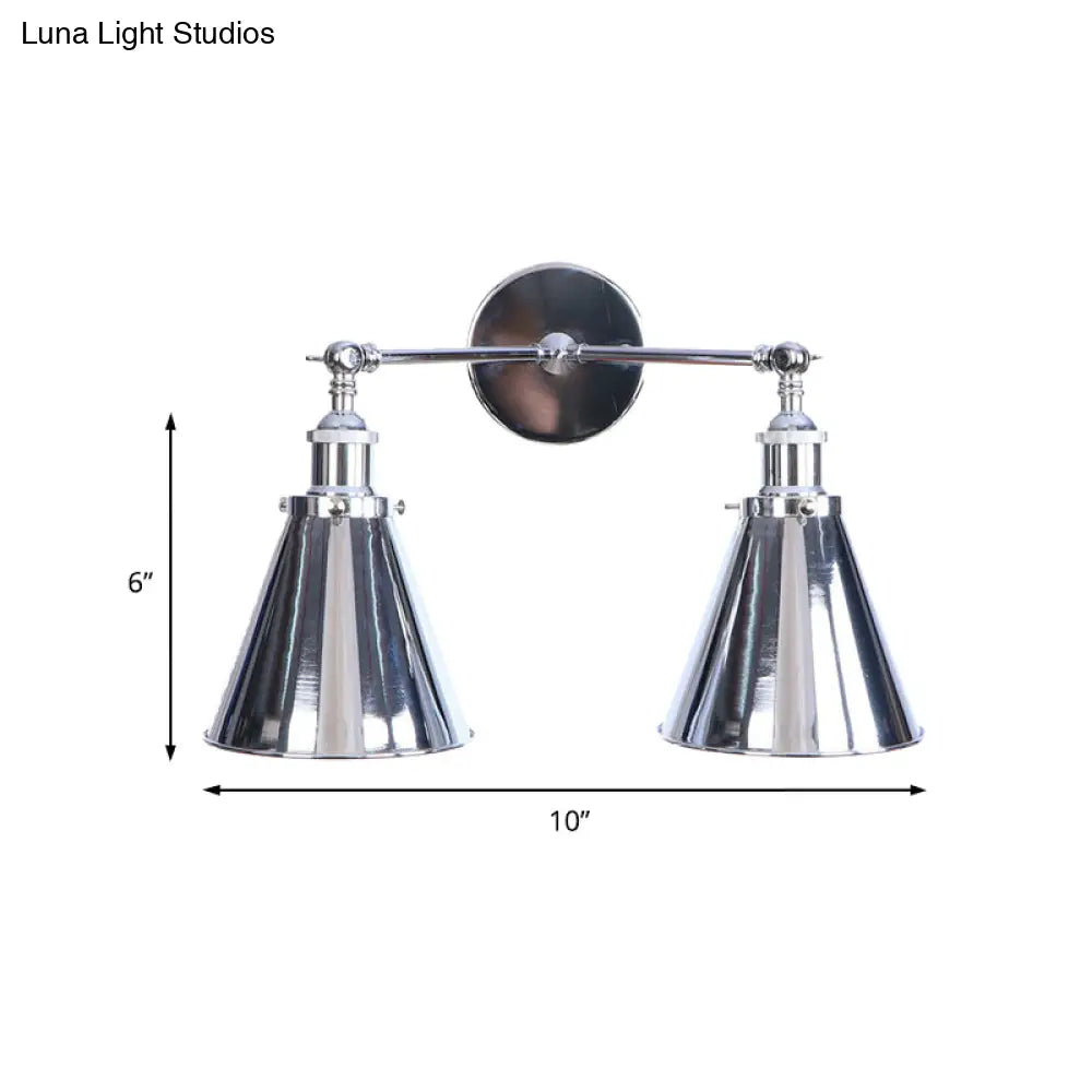 Retro-Style Iron 2-Light Polished Chrome Conic Wall Mount Fixture For Dining Room Lighting