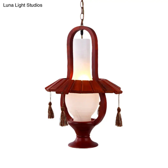 Retro Style Kerosene Opal Glass Hanging Light Fixture - 1-Bulb Dining Room Ceiling Lamp In Red Brown