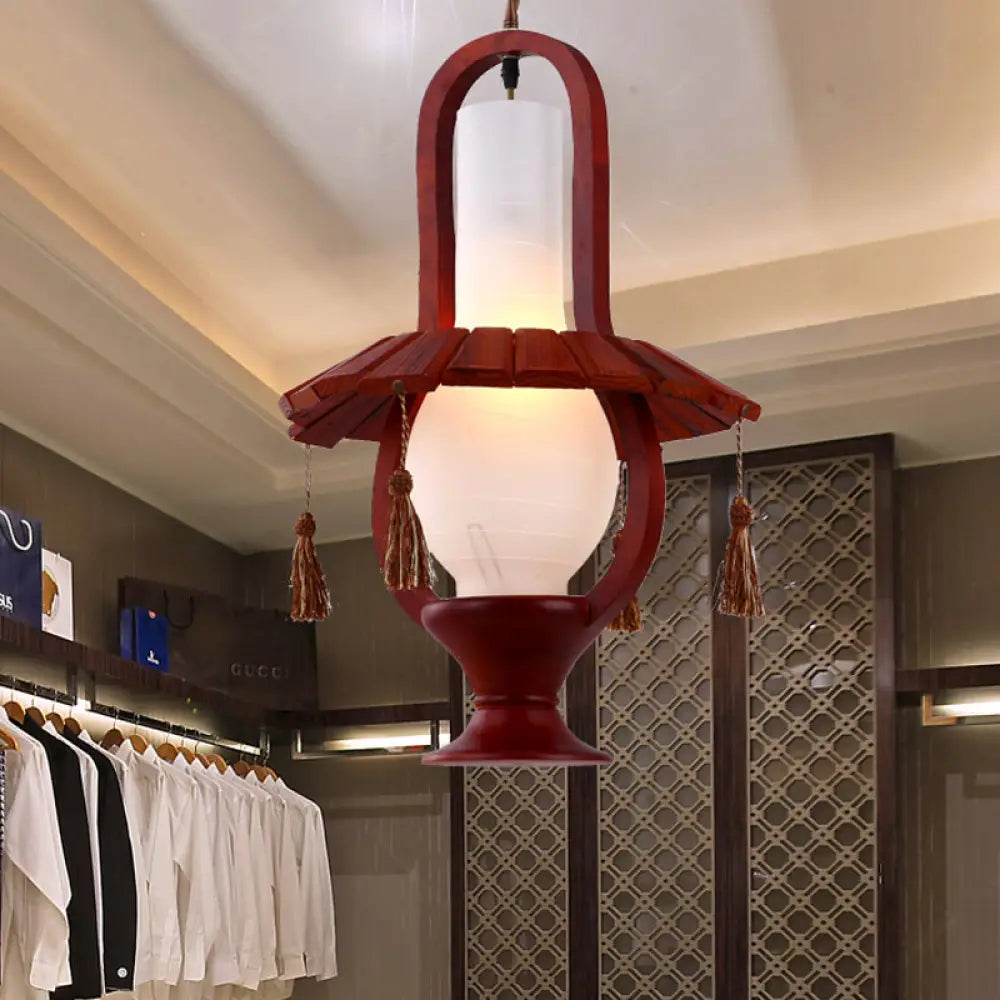 Retro Style Kerosene Opal Glass Hanging Light Fixture - 1-Bulb Dining Room Ceiling Lamp In Red Brown