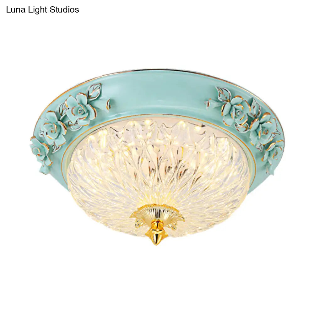 Retro Style Led Flush Ceiling Lamp In Blue For Dining Room - Bowl Up Design Clear Glass 11’/15’ W