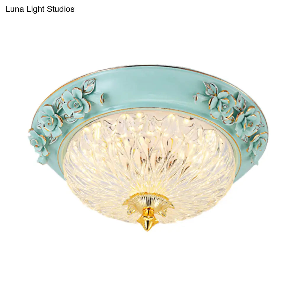 Retro Style Led Flush Ceiling Lamp In Blue For Dining Room - Bowl Up Design Clear Glass 11/15 W